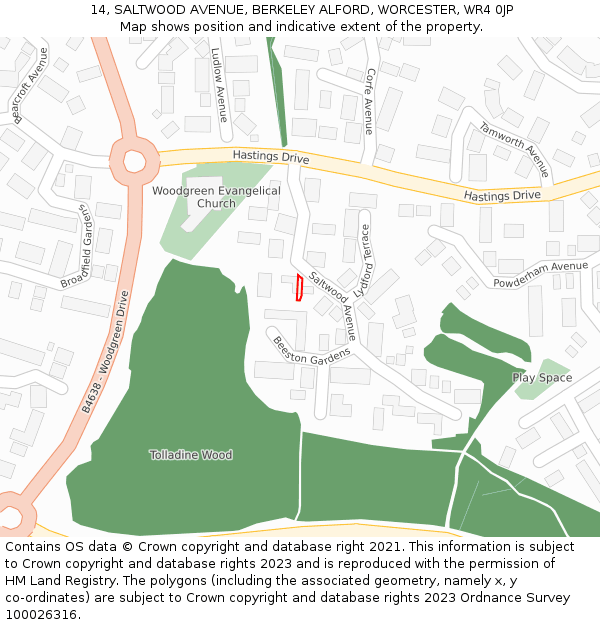 14, SALTWOOD AVENUE, BERKELEY ALFORD, WORCESTER, WR4 0JP: Location map and indicative extent of plot