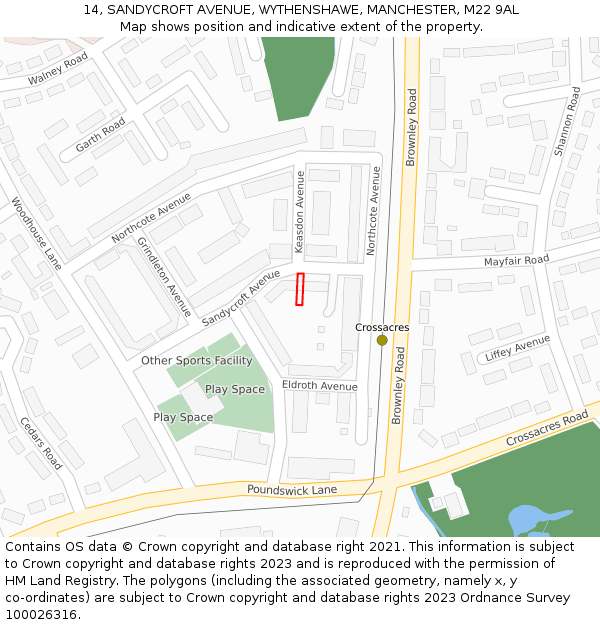 14, SANDYCROFT AVENUE, WYTHENSHAWE, MANCHESTER, M22 9AL: Location map and indicative extent of plot
