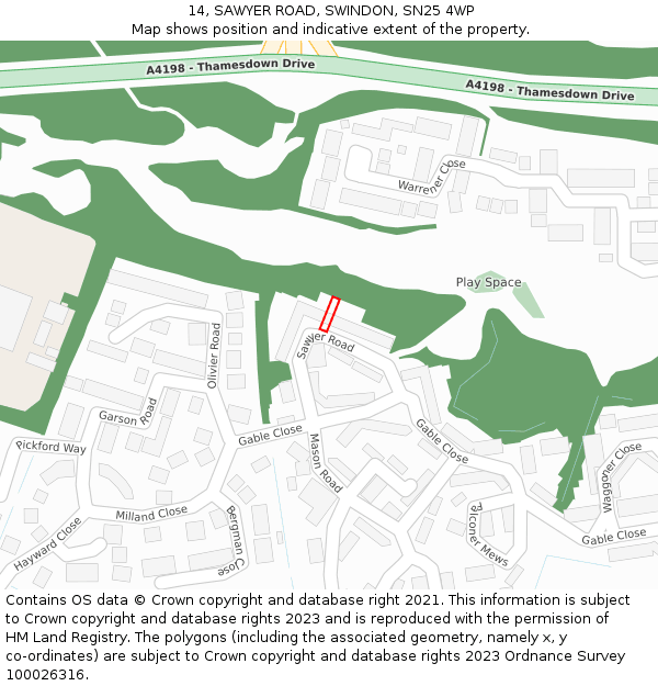 14, SAWYER ROAD, SWINDON, SN25 4WP: Location map and indicative extent of plot