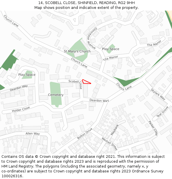 14, SCOBELL CLOSE, SHINFIELD, READING, RG2 9HH: Location map and indicative extent of plot