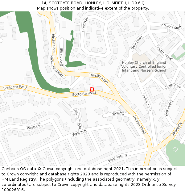 14, SCOTGATE ROAD, HONLEY, HOLMFIRTH, HD9 6JQ: Location map and indicative extent of plot