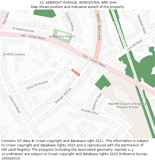 14, SEBRIGHT AVENUE, WORCESTER, WR5 2HH: Location map and indicative extent of plot
