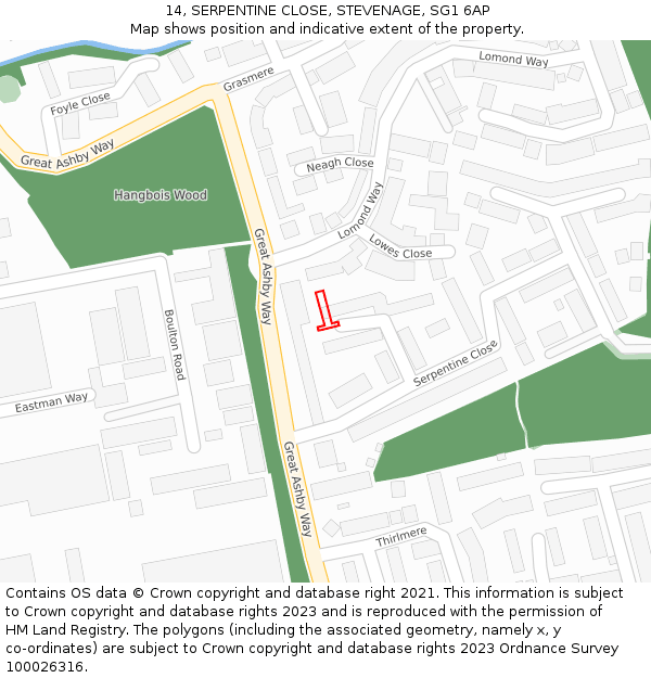 14, SERPENTINE CLOSE, STEVENAGE, SG1 6AP: Location map and indicative extent of plot