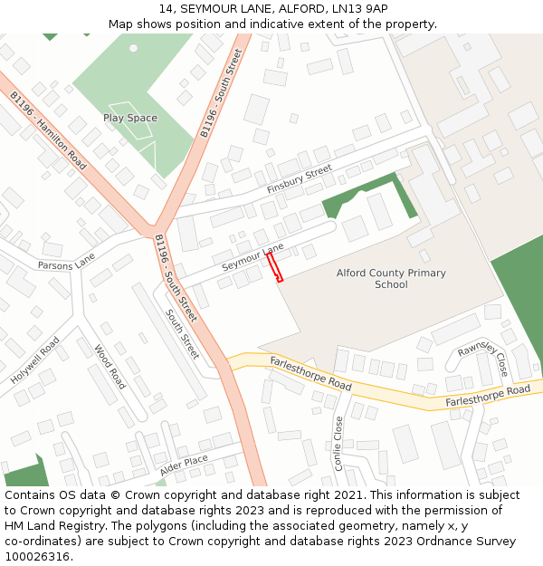 14, SEYMOUR LANE, ALFORD, LN13 9AP: Location map and indicative extent of plot