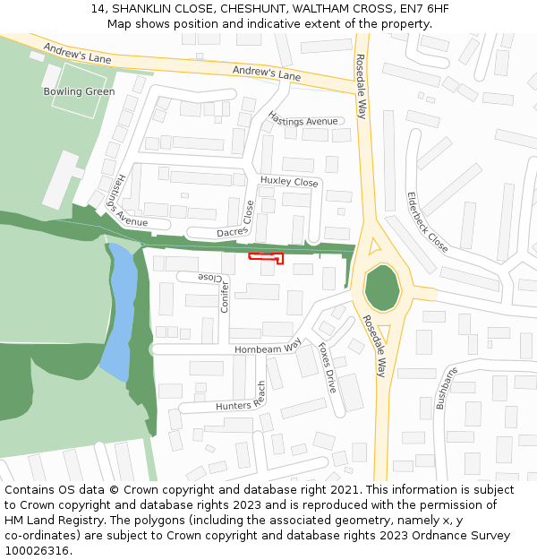14, SHANKLIN CLOSE, CHESHUNT, WALTHAM CROSS, EN7 6HF: Location map and indicative extent of plot