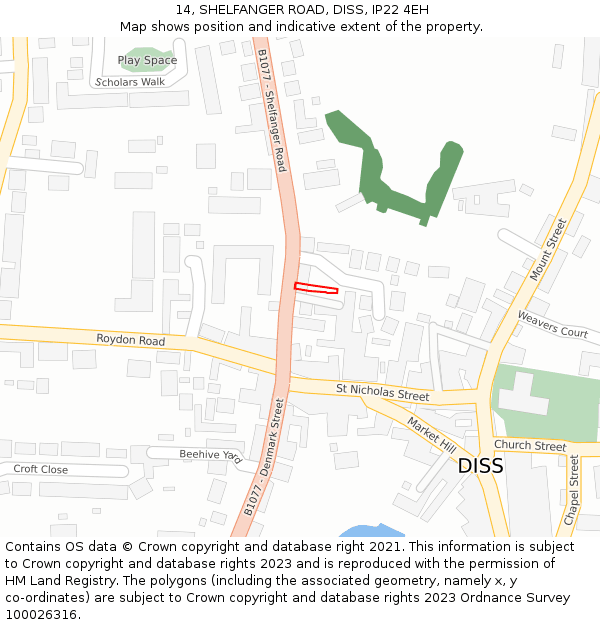 14, SHELFANGER ROAD, DISS, IP22 4EH: Location map and indicative extent of plot