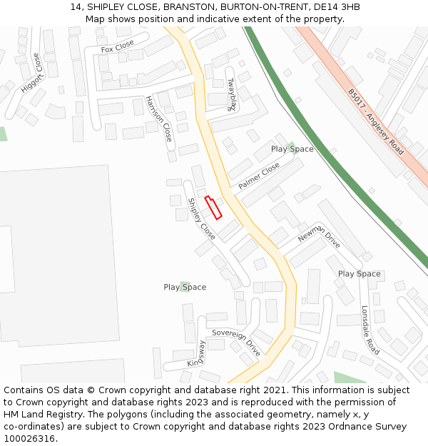 14, SHIPLEY CLOSE, BRANSTON, BURTON-ON-TRENT, DE14 3HB: Location map and indicative extent of plot