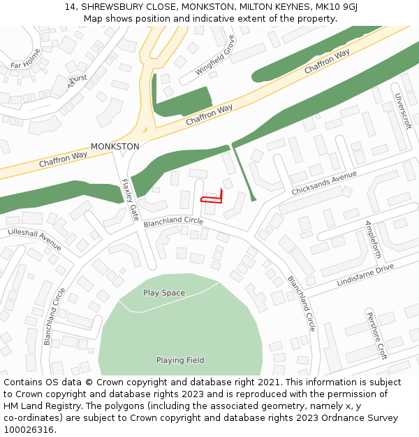 14, SHREWSBURY CLOSE, MONKSTON, MILTON KEYNES, MK10 9GJ: Location map and indicative extent of plot