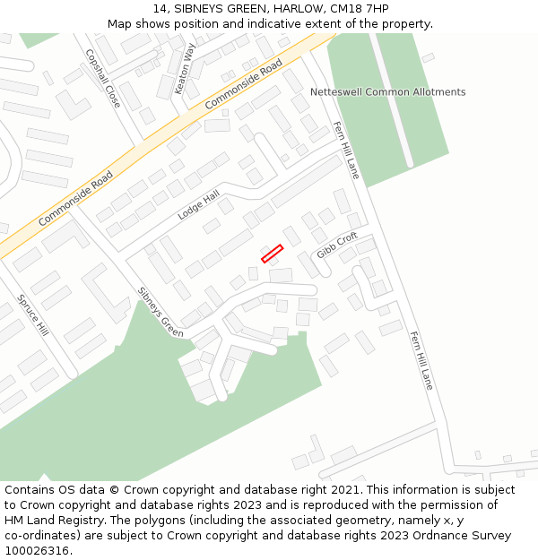 14, SIBNEYS GREEN, HARLOW, CM18 7HP: Location map and indicative extent of plot