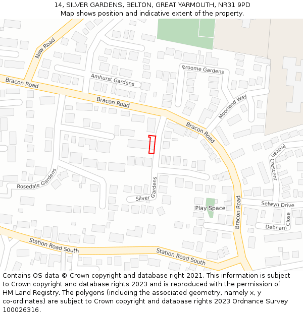 14, SILVER GARDENS, BELTON, GREAT YARMOUTH, NR31 9PD: Location map and indicative extent of plot