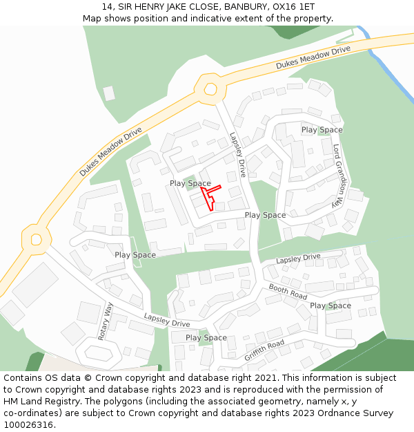 14, SIR HENRY JAKE CLOSE, BANBURY, OX16 1ET: Location map and indicative extent of plot