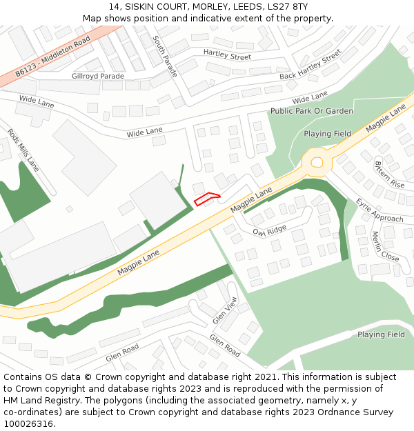 14, SISKIN COURT, MORLEY, LEEDS, LS27 8TY: Location map and indicative extent of plot