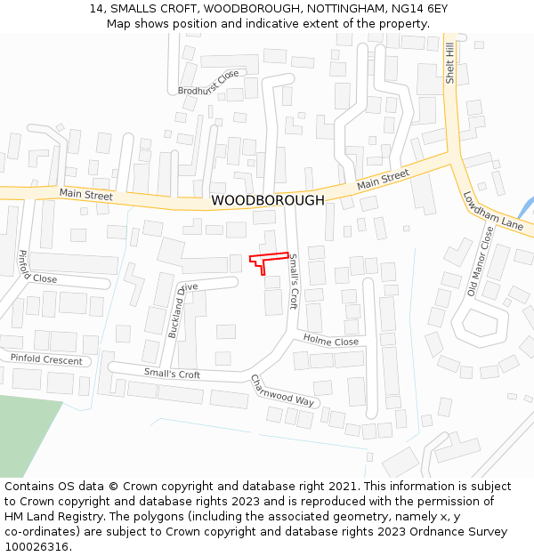 14, SMALLS CROFT, WOODBOROUGH, NOTTINGHAM, NG14 6EY: Location map and indicative extent of plot