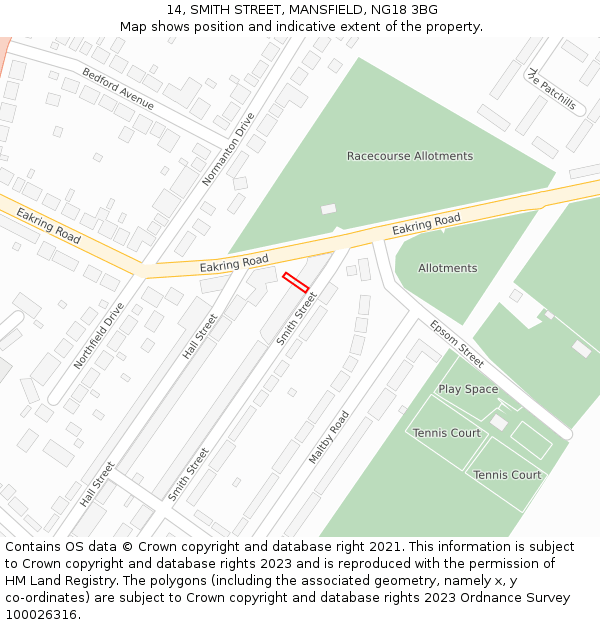 14, SMITH STREET, MANSFIELD, NG18 3BG: Location map and indicative extent of plot