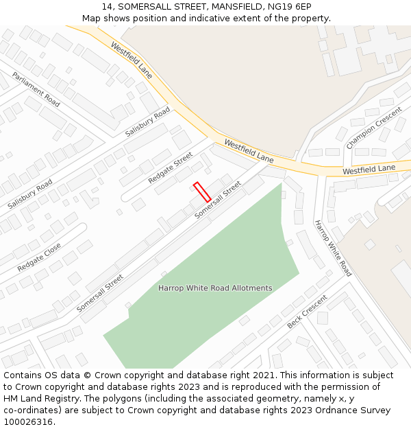 14, SOMERSALL STREET, MANSFIELD, NG19 6EP: Location map and indicative extent of plot