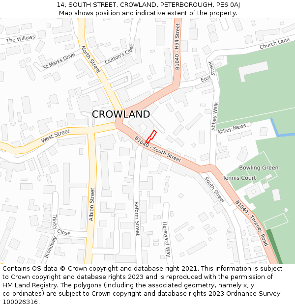14, SOUTH STREET, CROWLAND, PETERBOROUGH, PE6 0AJ: Location map and indicative extent of plot