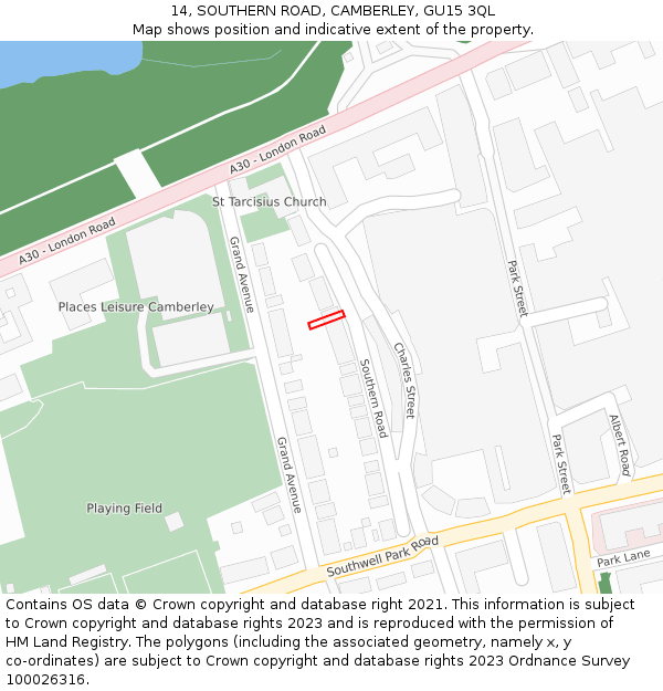 14, SOUTHERN ROAD, CAMBERLEY, GU15 3QL: Location map and indicative extent of plot