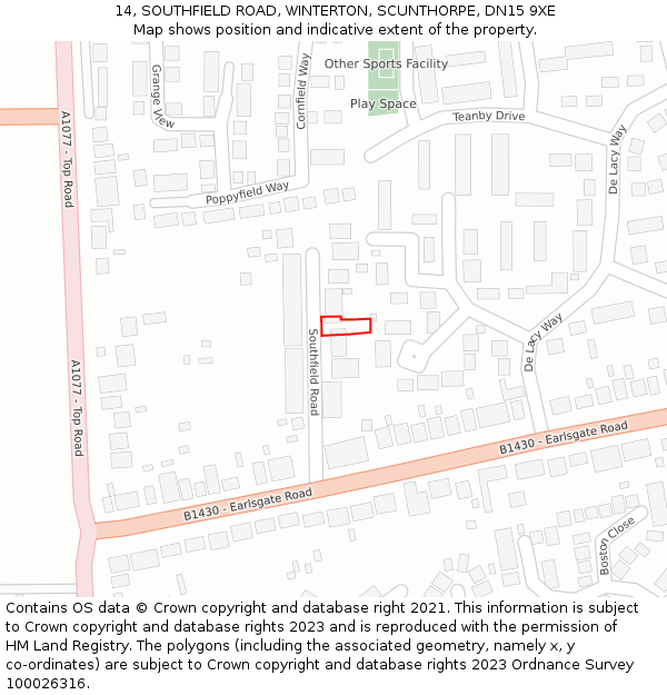 14, SOUTHFIELD ROAD, WINTERTON, SCUNTHORPE, DN15 9XE: Location map and indicative extent of plot
