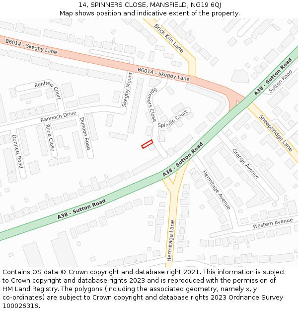 14, SPINNERS CLOSE, MANSFIELD, NG19 6QJ: Location map and indicative extent of plot