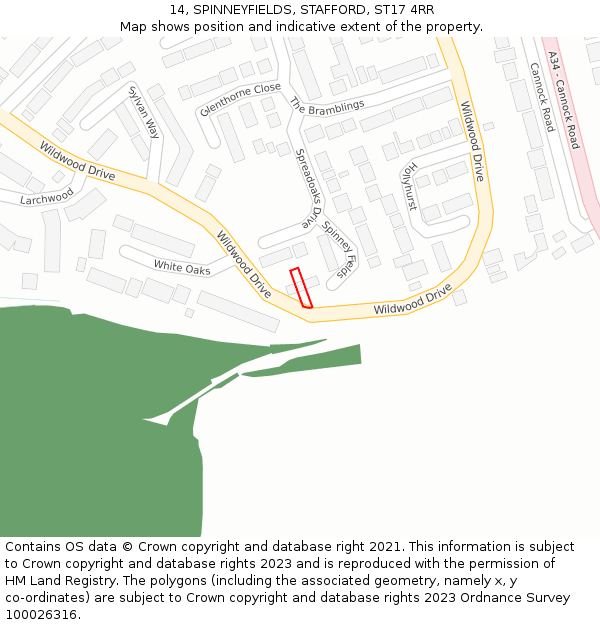 14, SPINNEYFIELDS, STAFFORD, ST17 4RR: Location map and indicative extent of plot