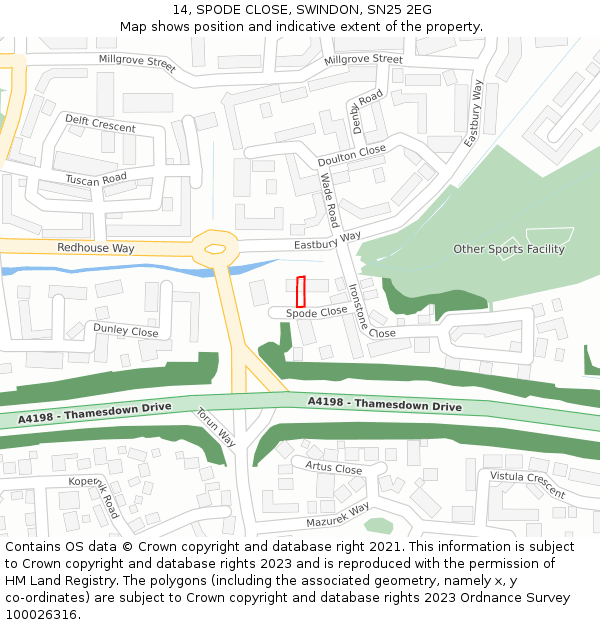 14, SPODE CLOSE, SWINDON, SN25 2EG: Location map and indicative extent of plot