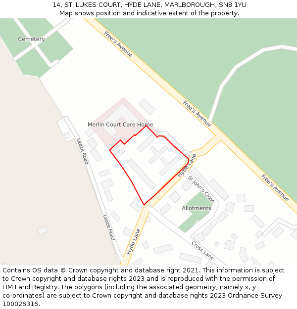 14, ST. LUKES COURT, HYDE LANE, MARLBOROUGH, SN8 1YU: Location map and indicative extent of plot