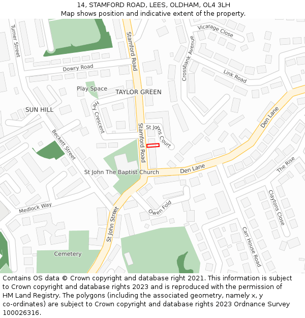 14, STAMFORD ROAD, LEES, OLDHAM, OL4 3LH: Location map and indicative extent of plot