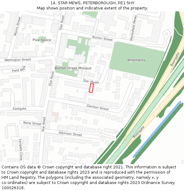 14, STAR MEWS, PETERBOROUGH, PE1 5HY: Location map and indicative extent of plot