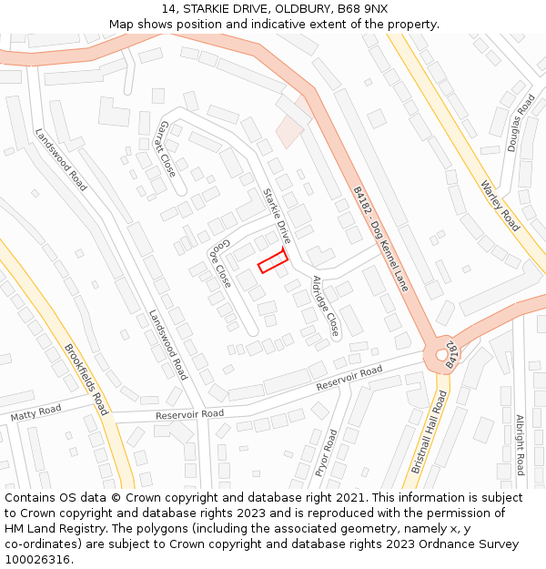 14, STARKIE DRIVE, OLDBURY, B68 9NX: Location map and indicative extent of plot