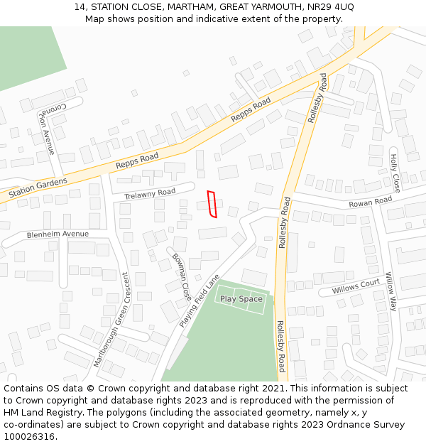 14, STATION CLOSE, MARTHAM, GREAT YARMOUTH, NR29 4UQ: Location map and indicative extent of plot