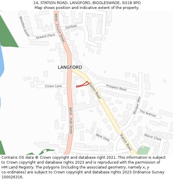 14, STATION ROAD, LANGFORD, BIGGLESWADE, SG18 9PD: Location map and indicative extent of plot
