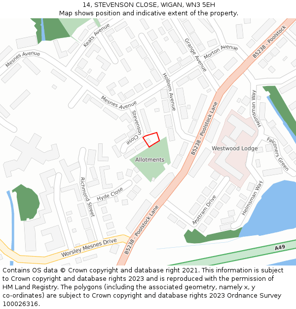 14, STEVENSON CLOSE, WIGAN, WN3 5EH: Location map and indicative extent of plot