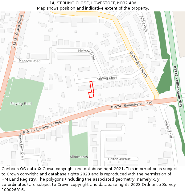 14, STIRLING CLOSE, LOWESTOFT, NR32 4RA: Location map and indicative extent of plot