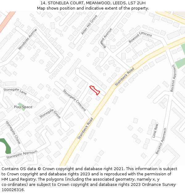 14, STONELEA COURT, MEANWOOD, LEEDS, LS7 2UH: Location map and indicative extent of plot