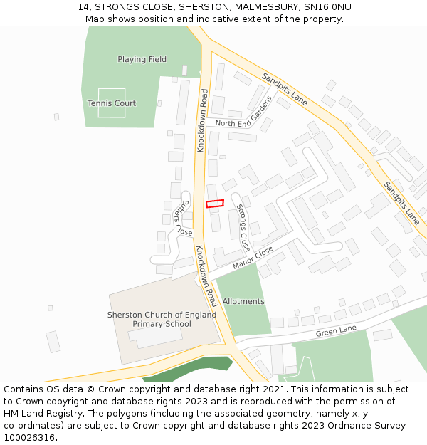 14, STRONGS CLOSE, SHERSTON, MALMESBURY, SN16 0NU: Location map and indicative extent of plot