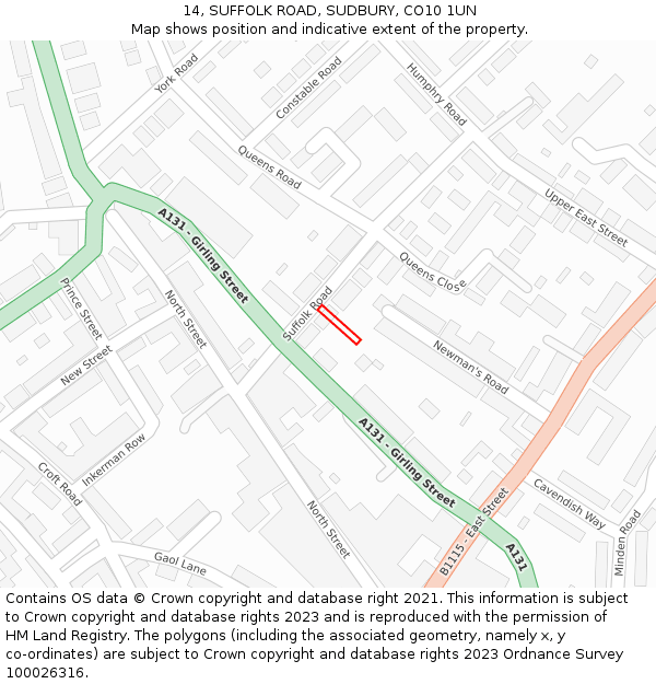 14, SUFFOLK ROAD, SUDBURY, CO10 1UN: Location map and indicative extent of plot