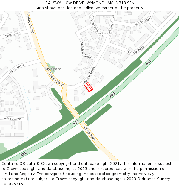 14, SWALLOW DRIVE, WYMONDHAM, NR18 9FN: Location map and indicative extent of plot