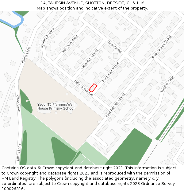14, TALIESIN AVENUE, SHOTTON, DEESIDE, CH5 1HY: Location map and indicative extent of plot