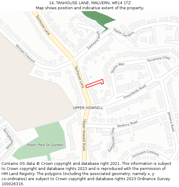 14, TANHOUSE LANE, MALVERN, WR14 1TZ: Location map and indicative extent of plot