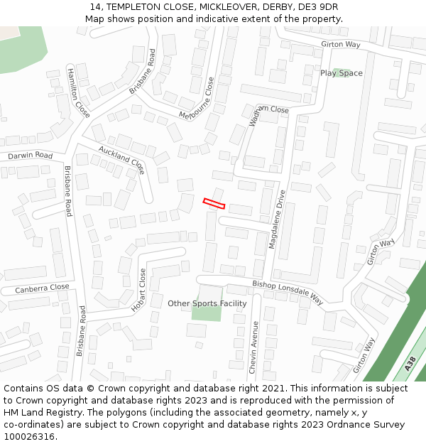 14, TEMPLETON CLOSE, MICKLEOVER, DERBY, DE3 9DR: Location map and indicative extent of plot