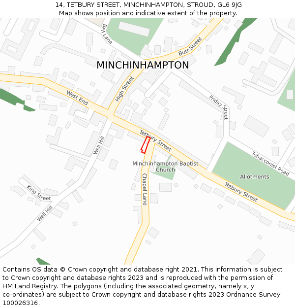 14, TETBURY STREET, MINCHINHAMPTON, STROUD, GL6 9JG: Location map and indicative extent of plot