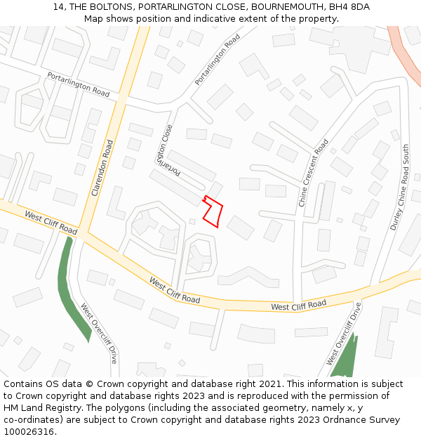 14, THE BOLTONS, PORTARLINGTON CLOSE, BOURNEMOUTH, BH4 8DA: Location map and indicative extent of plot