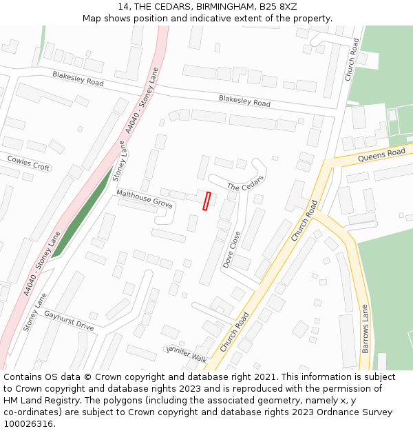 14, THE CEDARS, BIRMINGHAM, B25 8XZ: Location map and indicative extent of plot