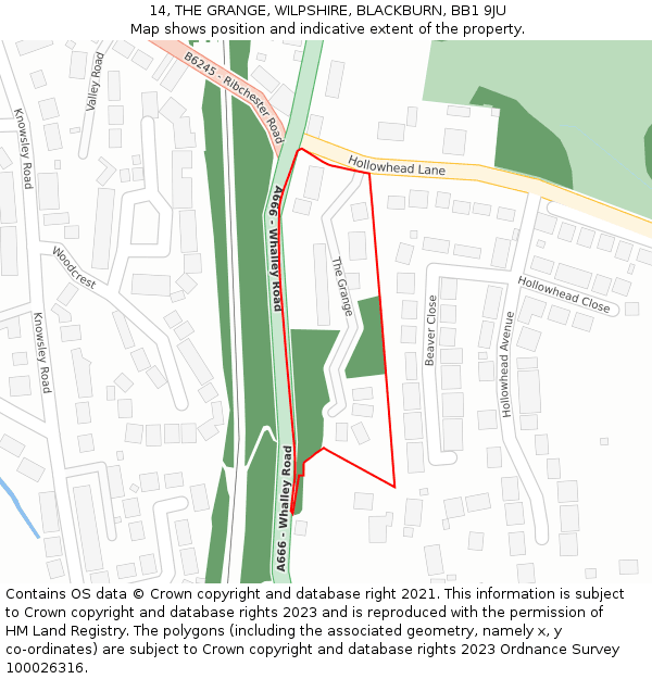 14, THE GRANGE, WILPSHIRE, BLACKBURN, BB1 9JU: Location map and indicative extent of plot