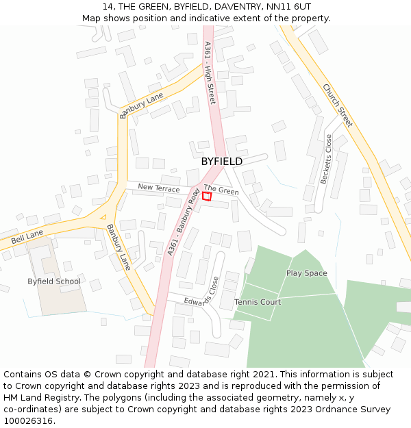 14, THE GREEN, BYFIELD, DAVENTRY, NN11 6UT: Location map and indicative extent of plot