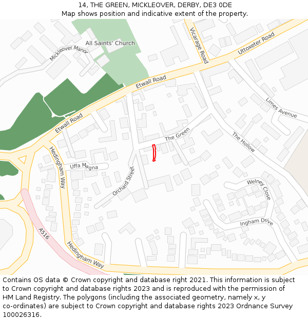 14, THE GREEN, MICKLEOVER, DERBY, DE3 0DE: Location map and indicative extent of plot