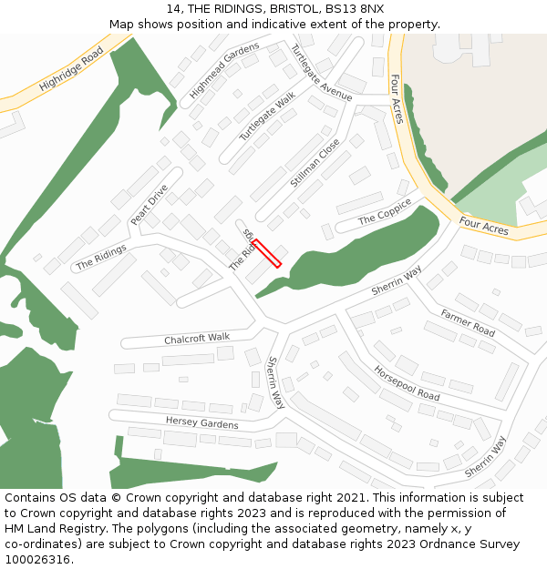 14, THE RIDINGS, BRISTOL, BS13 8NX: Location map and indicative extent of plot
