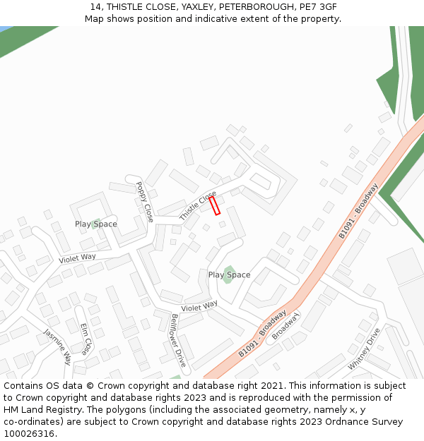 14, THISTLE CLOSE, YAXLEY, PETERBOROUGH, PE7 3GF: Location map and indicative extent of plot