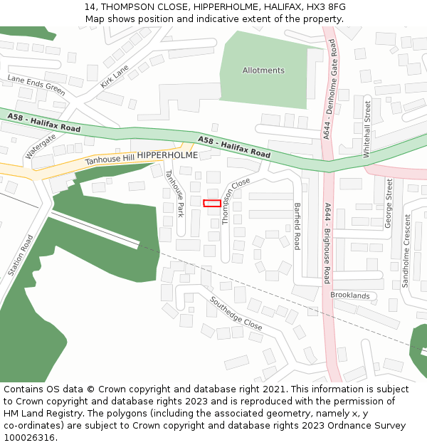 14, THOMPSON CLOSE, HIPPERHOLME, HALIFAX, HX3 8FG: Location map and indicative extent of plot
