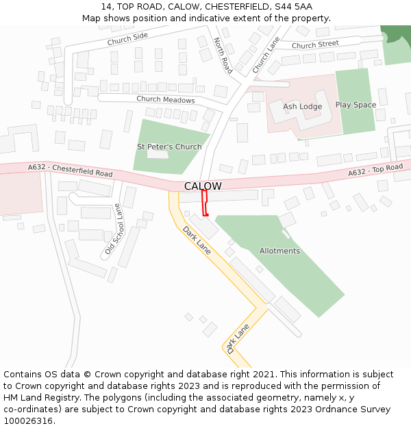 14, TOP ROAD, CALOW, CHESTERFIELD, S44 5AA: Location map and indicative extent of plot
